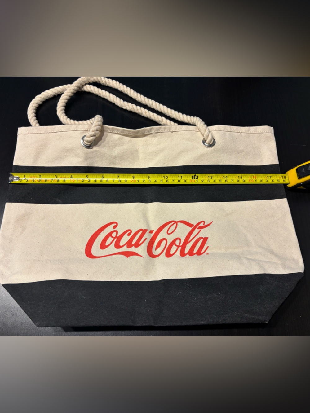Coca-Cola Canvas Tote Black Cream Striped Nautical Rope Handle Beach Bag - Picture 7 of 9